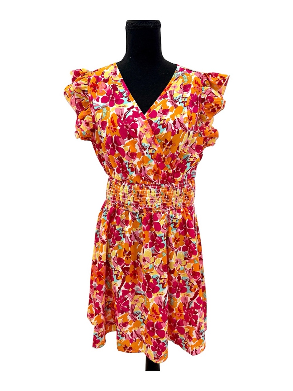Cupshe Hibiscus V Neck Ruffle Sleeve Floral Mini Dress Orange Red Size M